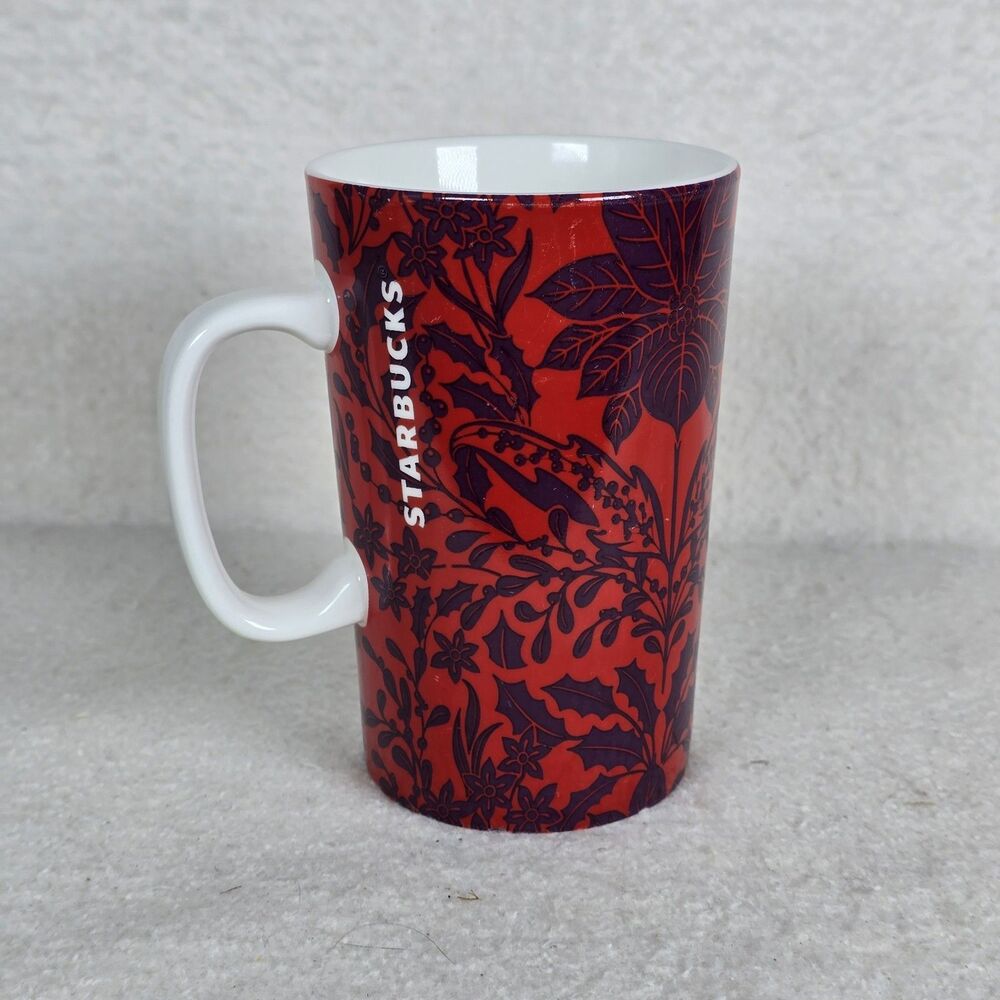 Starbucks Christmas Mug 2017 Red with Purple Poinsettia Gold Logo 16 oz.